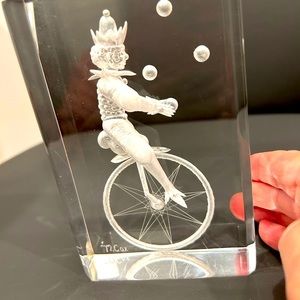 Vintage Lucite Artist Signed M. Cox 3D Acrylic Art Refection Clown on Unicycle